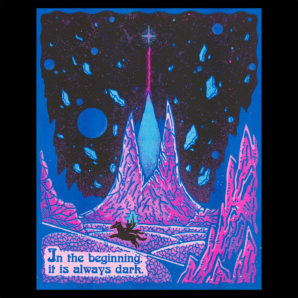 The Ivory Tower Print by Wizard of Barge shows a rider on horseback in a fantasy land inspired by The Neverending Story with text that reads "In the beginning it is always dark"