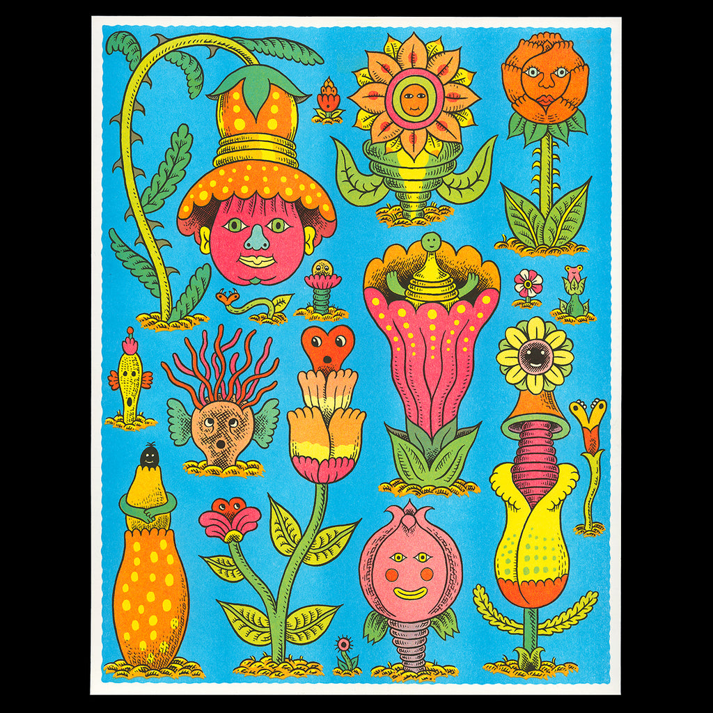 Riso print of an illustration by Matt Panuska showcasing a taxonomy of imaginary flowers