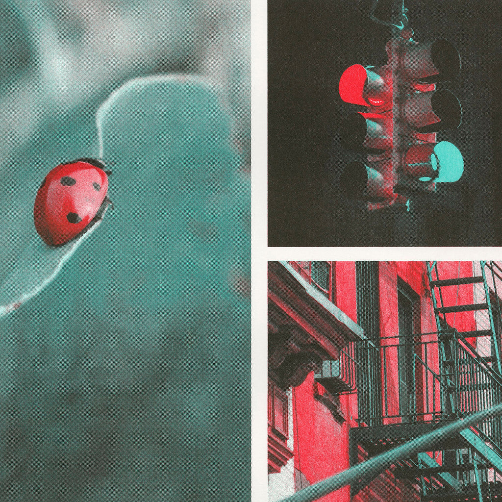 Close up detail of scarlet, red, and mint ink color profile used on different photographs. Photographs of a ladybug, stoplight, and city.. Photographs of a balloon, cityscape, and classic cars.