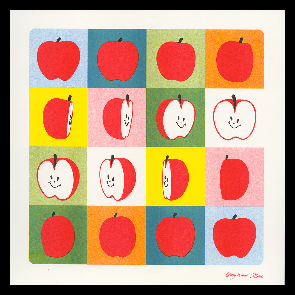 Square risograph print of an illustration by Craig Miller showing an apple rotating to reveal a smiley face on the inside