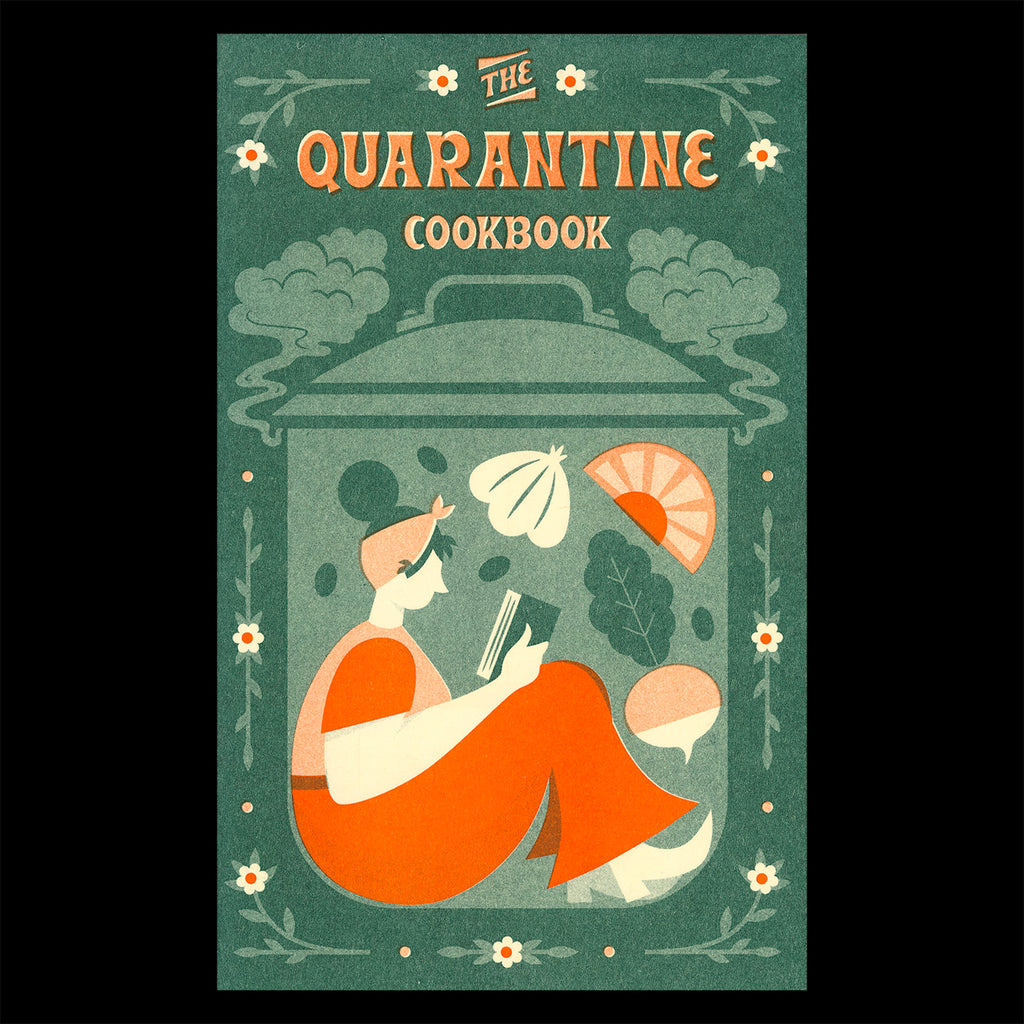 Quarantine Cookbook cover showing a person reading a book with ingredient elements floating around them