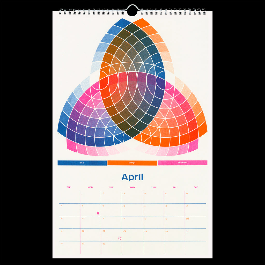 April from Risolve 2024 calendar with three inks overlapping in varying opacities