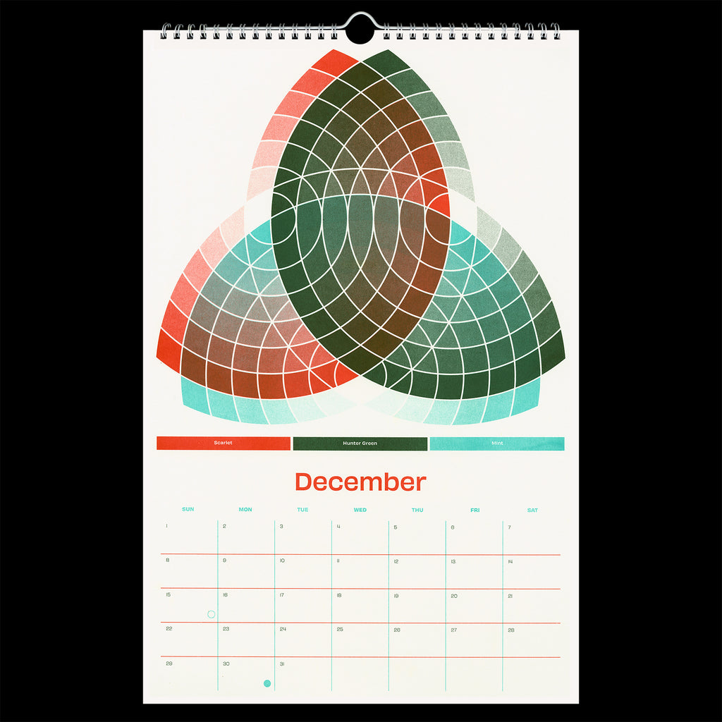 December from Risolve 2024 calendar with three inks overlapping in varying opacities
