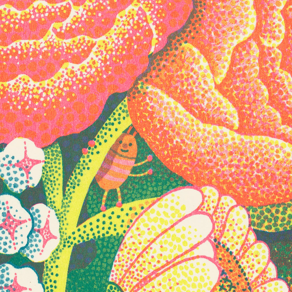 Colorful illustration showing detailed close up of a bug on a flower stem