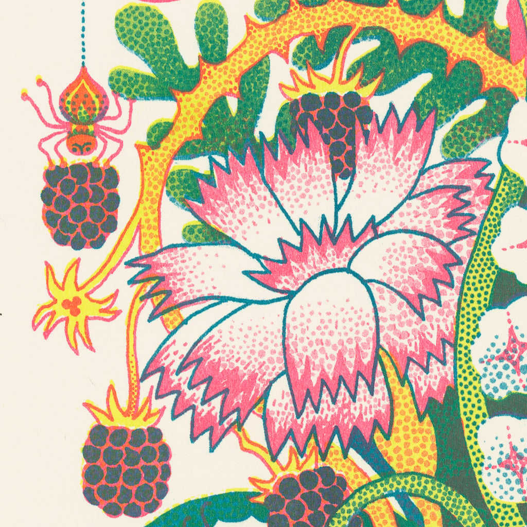 Colorful floral and insect illustration on a beige background