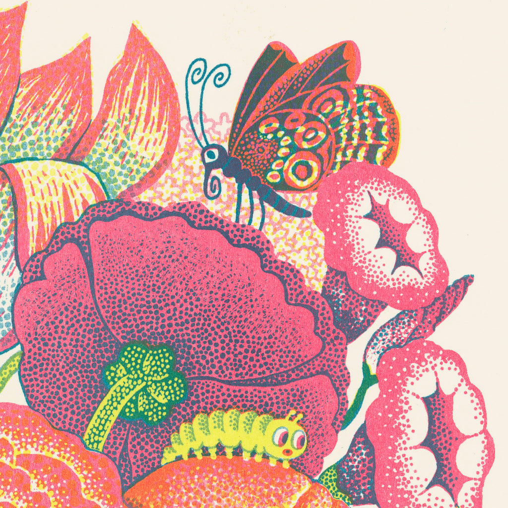 Colorful illustration of a butterfly and caterpillar on a pink flower with a white background