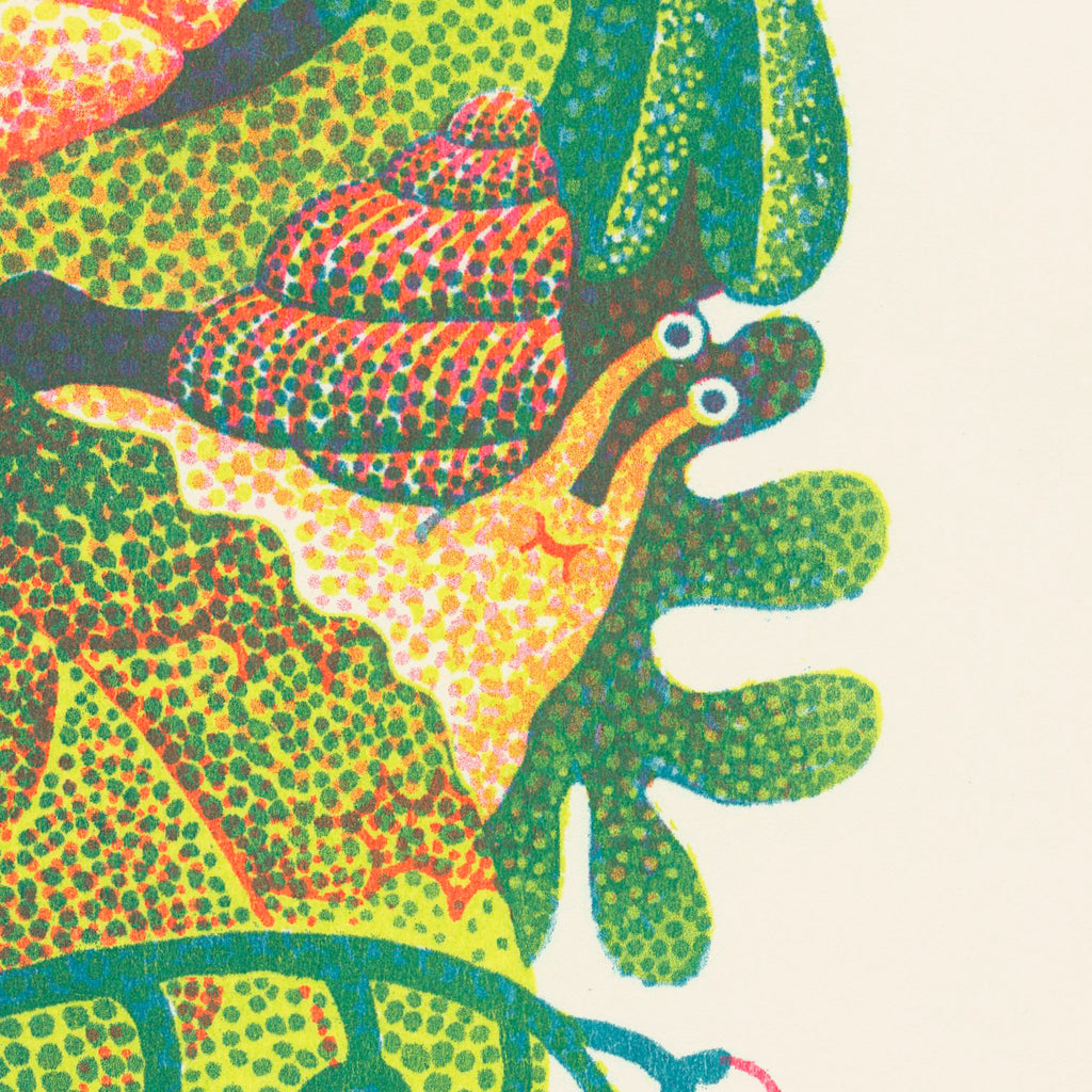 Colorful abstract design with a snail on a leaf-like background
