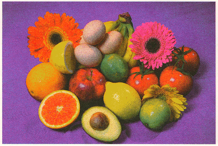 Animated gif showing various fruits printed in multiple different Riso ink colorways