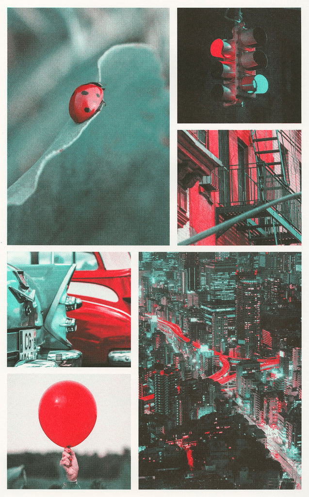 Scarlet, red, and mint ink color profile used on different photographs. Photographs of a ladybug, traffic light, side of a building, cityscape at night, classic cars, and balloon.