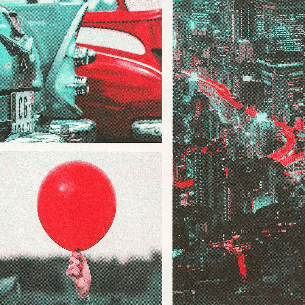 Close up detail of scarlet, red, and mint ink color profile used on different photographs. Photographs of a balloon, cityscape, and classic cars.