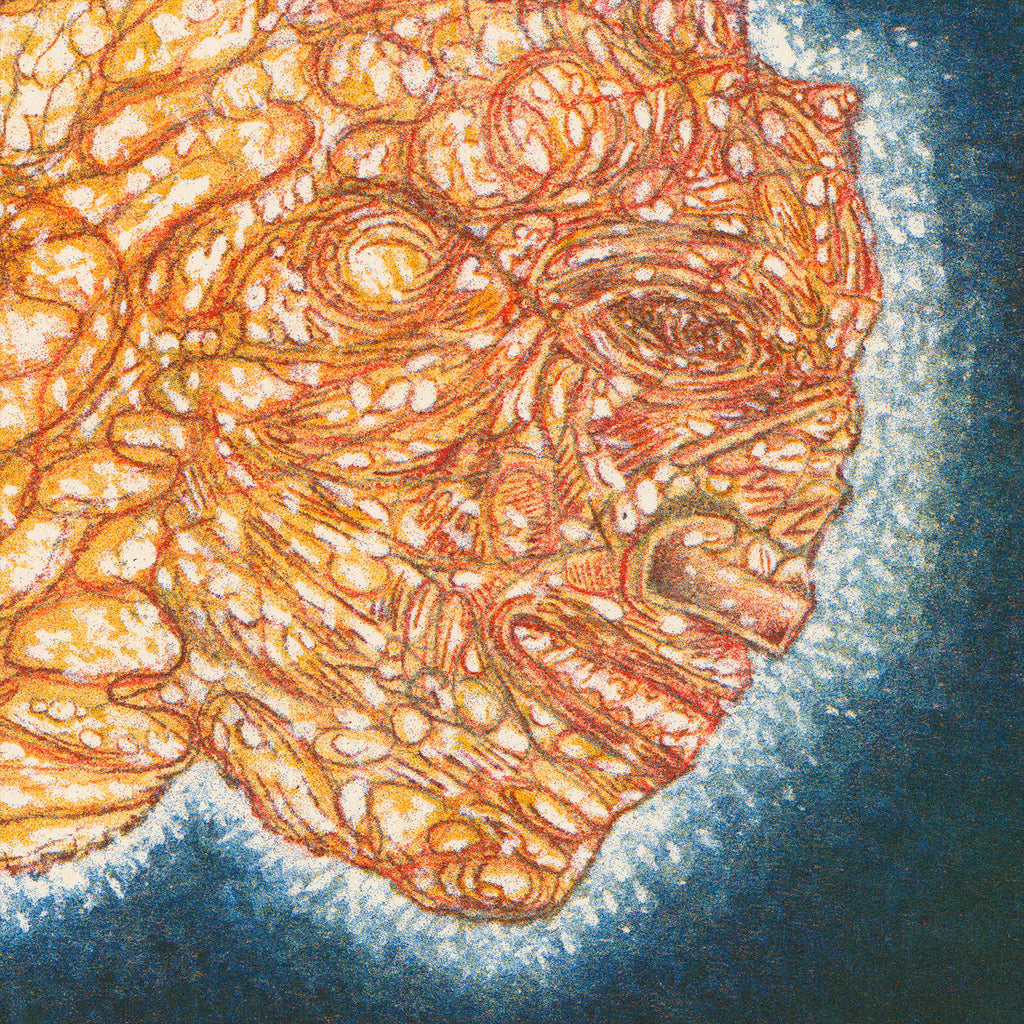Close up of a print by Jason Herr, details of a glowing face.