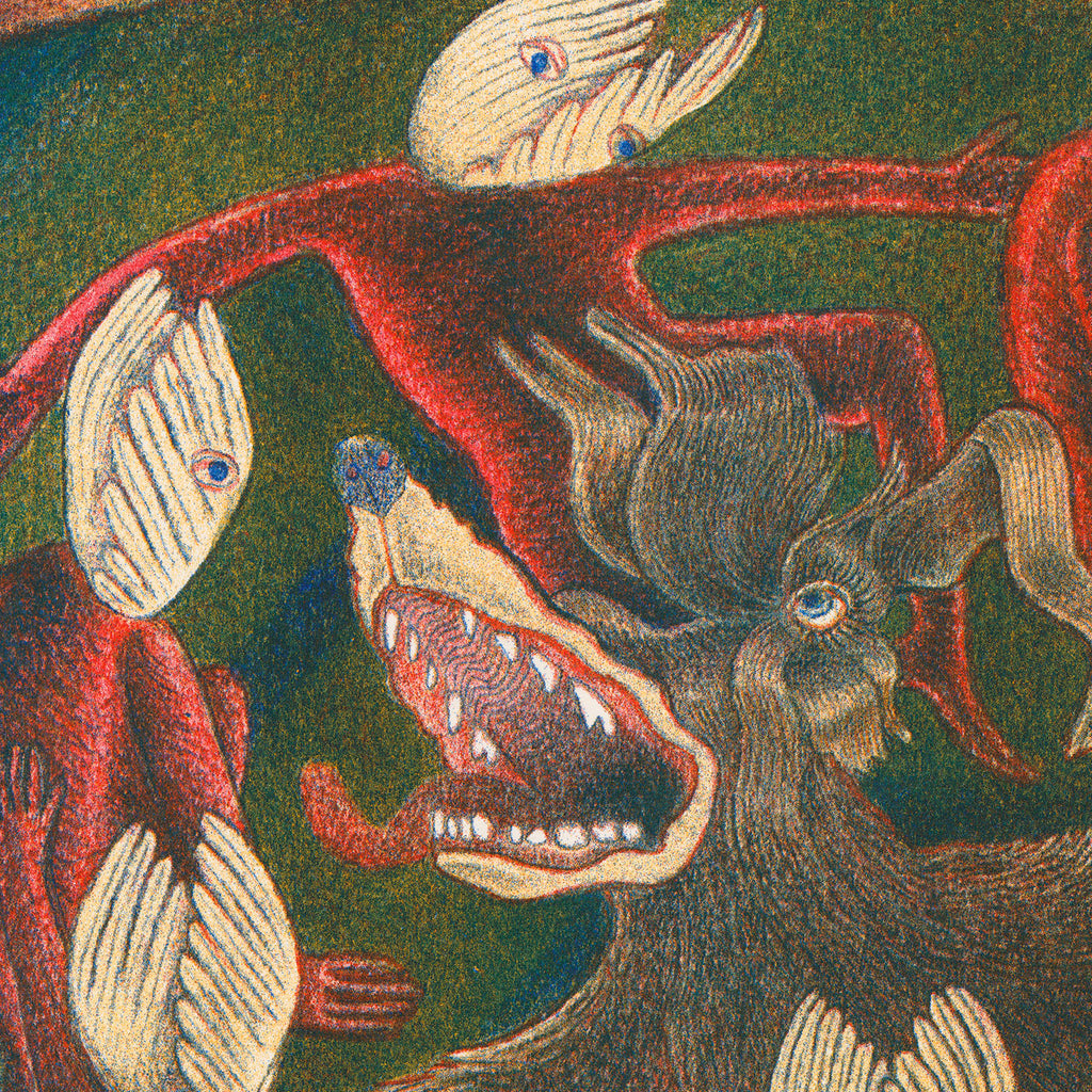 Close up of a print by Jason Herr showing print details and human like figures in red jumpsuits with a dog-like figure.