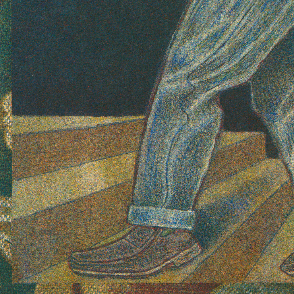 Close up of a print by Jason Herr showing details on a pant leg.