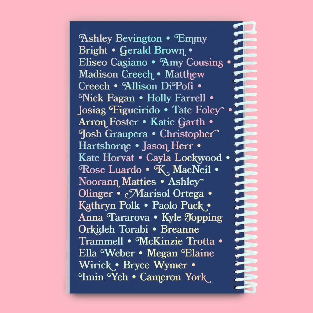 Past Lives collaborative Riso book back cover listing all of the artistswith holographic foil design and coil binding