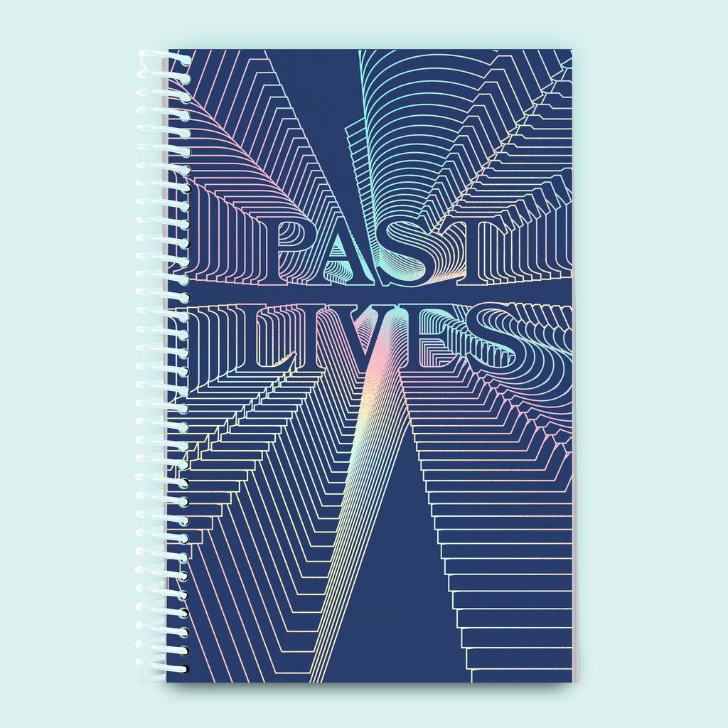 Past Lives collaborative Riso book cover with holographic foil design and coil binding